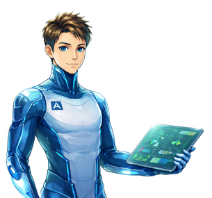 Illustration eines futuristischen Androiden in blauem Anzug, der ein Tablet mit Datenanalyse-Interface hält.
